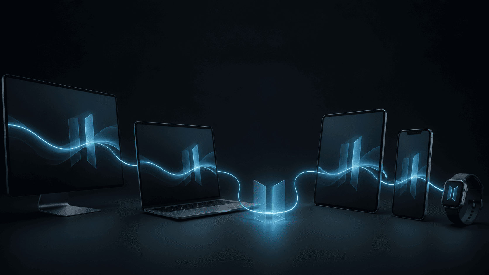 JARON verbindet Web, MacBook, iPad, iPhone und Watch durch eine durchgehende cyanfarbene Lichtlinie